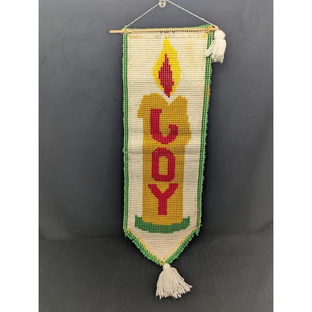 VTG Joy Christmas Candle Wall Hanging Latch Hook Shag Yarn Art 12